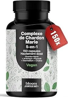 Detox Foie 5-en-1 – 150 Capsules – Chardon-Marie, Artichaut, Pissenlit, Desmodium, Choline – Vegan – Fabriqué en Allemagne
