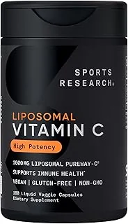 Sports Research® High Potency Liposomal Vitamin C Supplement 1000 mg – Certified Vegan, Non-GMO, Gluten Free | Antioxidant & Immune Support | Ascorbic Acid Vitamin C | 180 Liquid Veggie Capsules