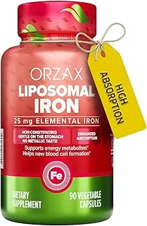 ORZAX Iron Supplement 25 mg -Liposomal Technology- High Bioavailability 90 Vegetable Capsules, Helps New Blood Cell Production, Non-Constipating, Non-GMO & Gluten Free, for Women, Men, Adults