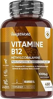 Vitamine B12 Méthylcobalamine 1000mcg 450 Microcomprimés, Vitamine B12 Vegan, +12 Mois d'Approvisionnement, sans OGM, sans Gluten, sans Lactose, sans Stéarate de Magnésium