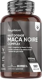 Maca Noire avec Ginseng 180 Gélules Vegan (6 mois) avec Zinc, L Arginine, Panax Ginseng, Poivre Noir, Racine de Maca Noire, Jaune, 5550mg par Jour sans Gluten, sans OGM, sans Stéarate de Magnésium
