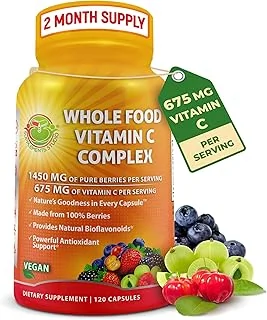 Whole Food Vitamin C Complex - 1450mg Organic Berries - 675 mg Vitamin C per Serving, High-Potency Antioxidant & Immune Support with Acerola, Amla and Natural Bioflavonoids - Vegan, Non-GMO, 120 Count