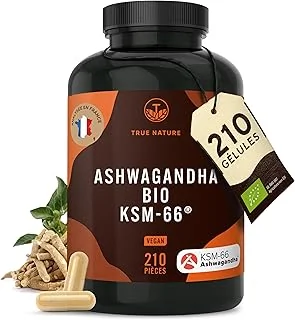 Bio Ashwagandha KSM-66 | Actif breveté - 210 Gélules - 600mg, dont plus de 5% de Withanolide - Vegan, Ayurveda - Sans: Lactose & Gluten - TRUE NATURE
