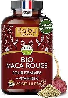 Maca du Pérou BIO - 180 gélules de Maca Rouge - Équilibre hormonal féminin - 3.200mg par jour (équivalent à 12.800mg de racine du Pérou) - Avec vitamine C naturelle - Sans gluten & sans OGM