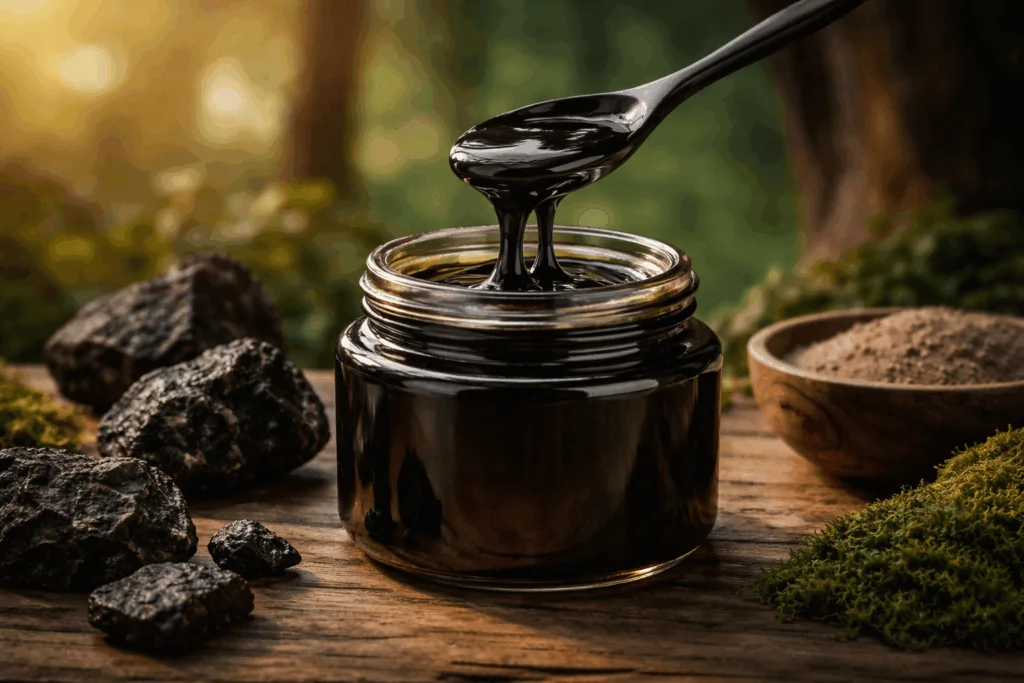 Résine de shilajit pure sur fond de montagnes de l'Himalaya pour choisir le meilleur shilajit.