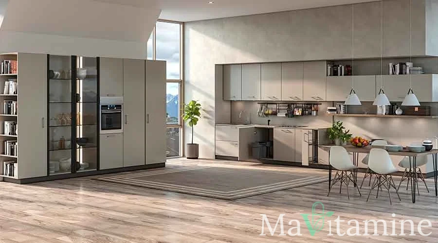 Cuisine épurée et organisée avec des bocaux de céréales complètes