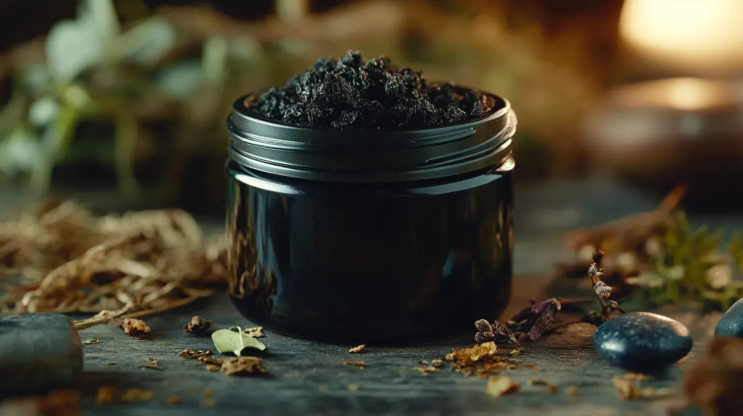 Dosage précis d'une portion de résine de shilajit sur une spatule métallique.