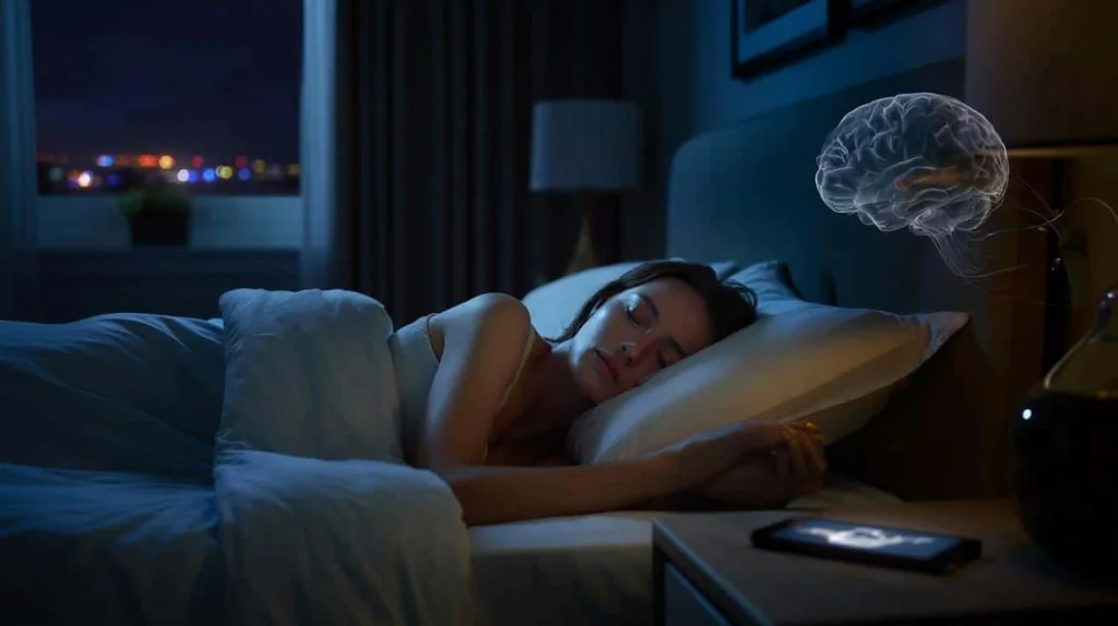 Femme dormant paisiblement dans son lit grâce à la l-théanine.