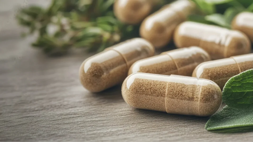 Flacon de gélules de NAC posé sur une table en bois avec une plante