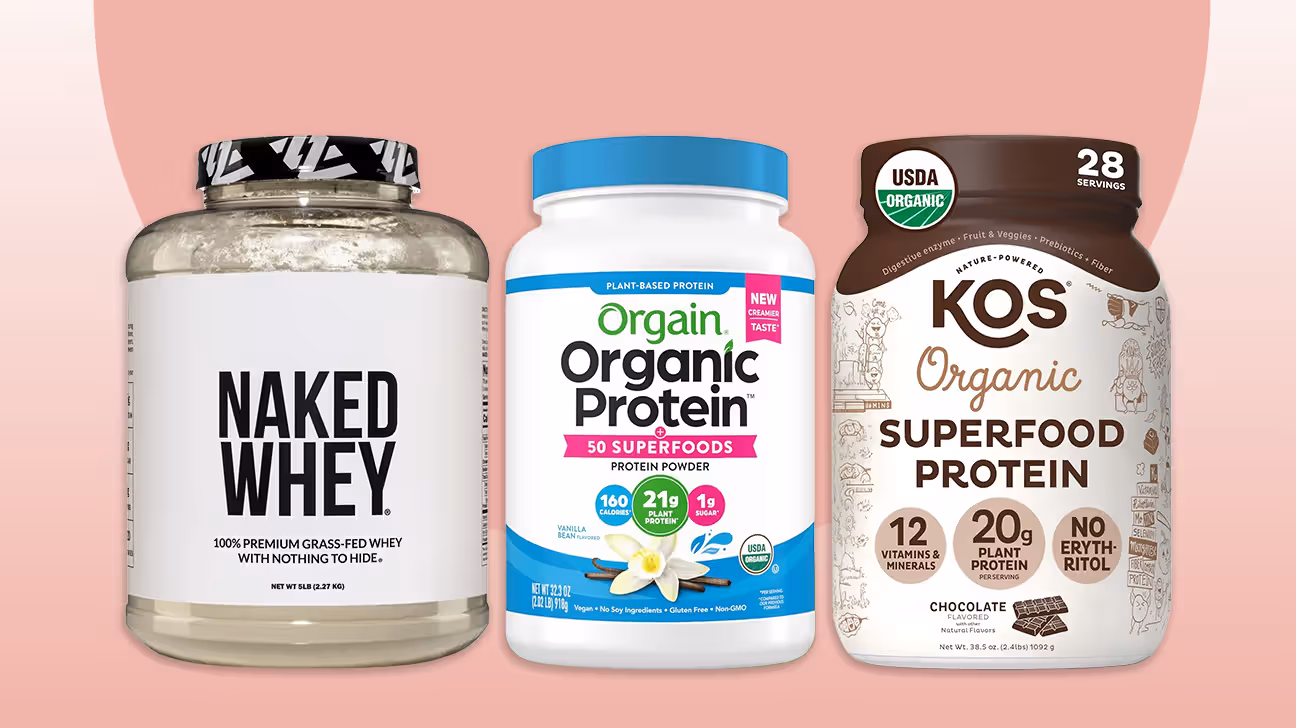 Sélection de protéines en poudre pour femmes incluant Naked Whey, Orgain et Kos