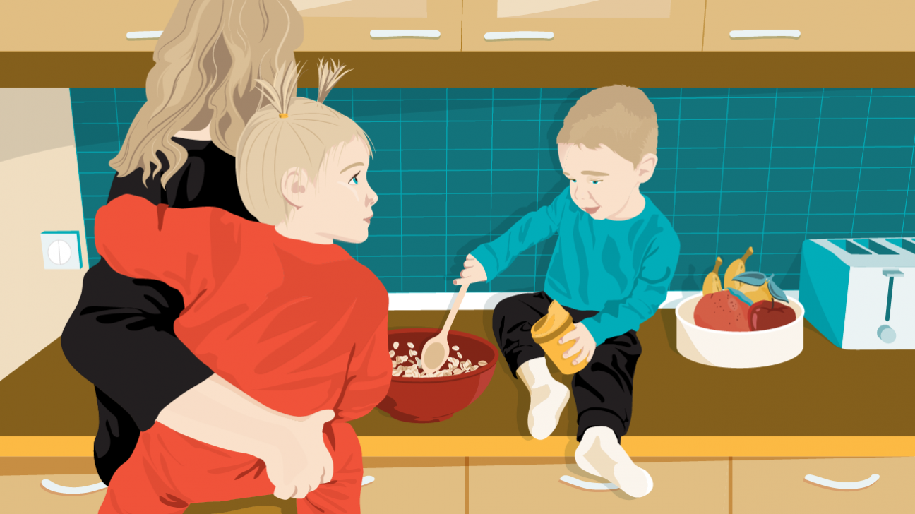 Illustration d'une famille cuisinant ensemble dans une cuisine moderne