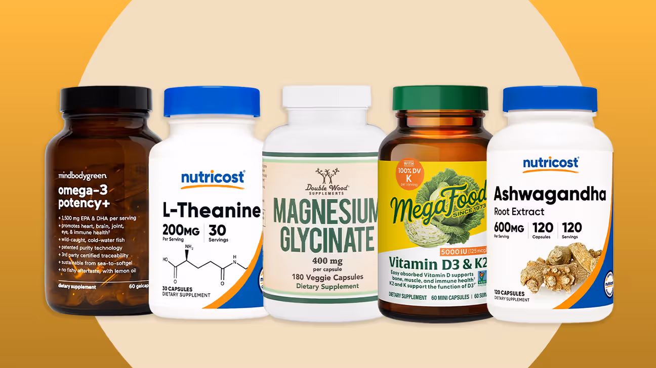 Sélection de compléments alimentaires pour l'anxiété sur un fond doré