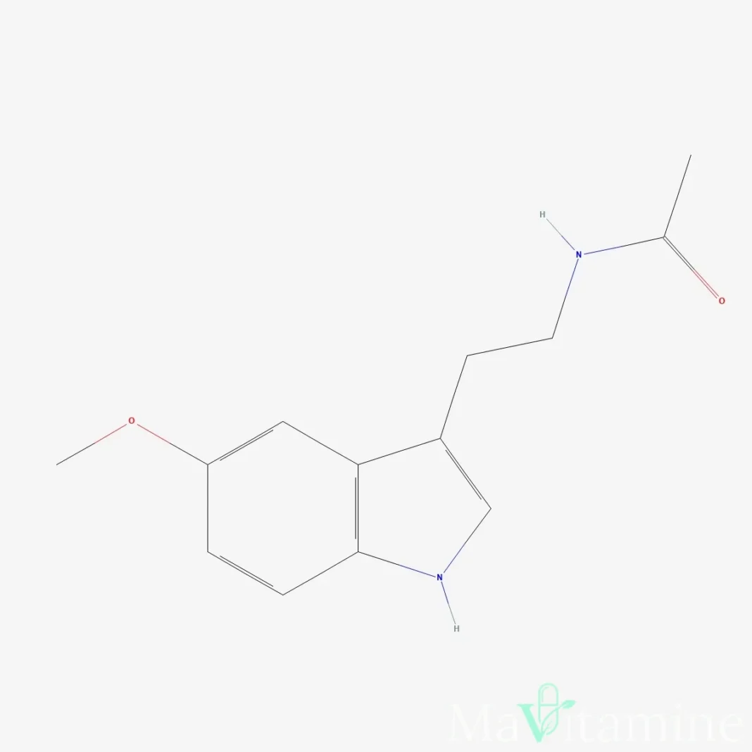 Structure chimique de la mélatonine pour illustrer un guide prudent sur les compléments