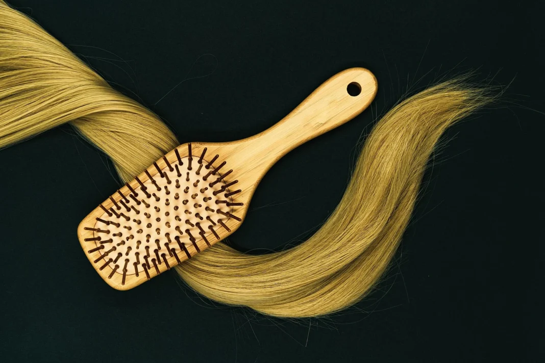 Brosse dans des cheveux longs, illustration pour un guide sur la chute de cheveux